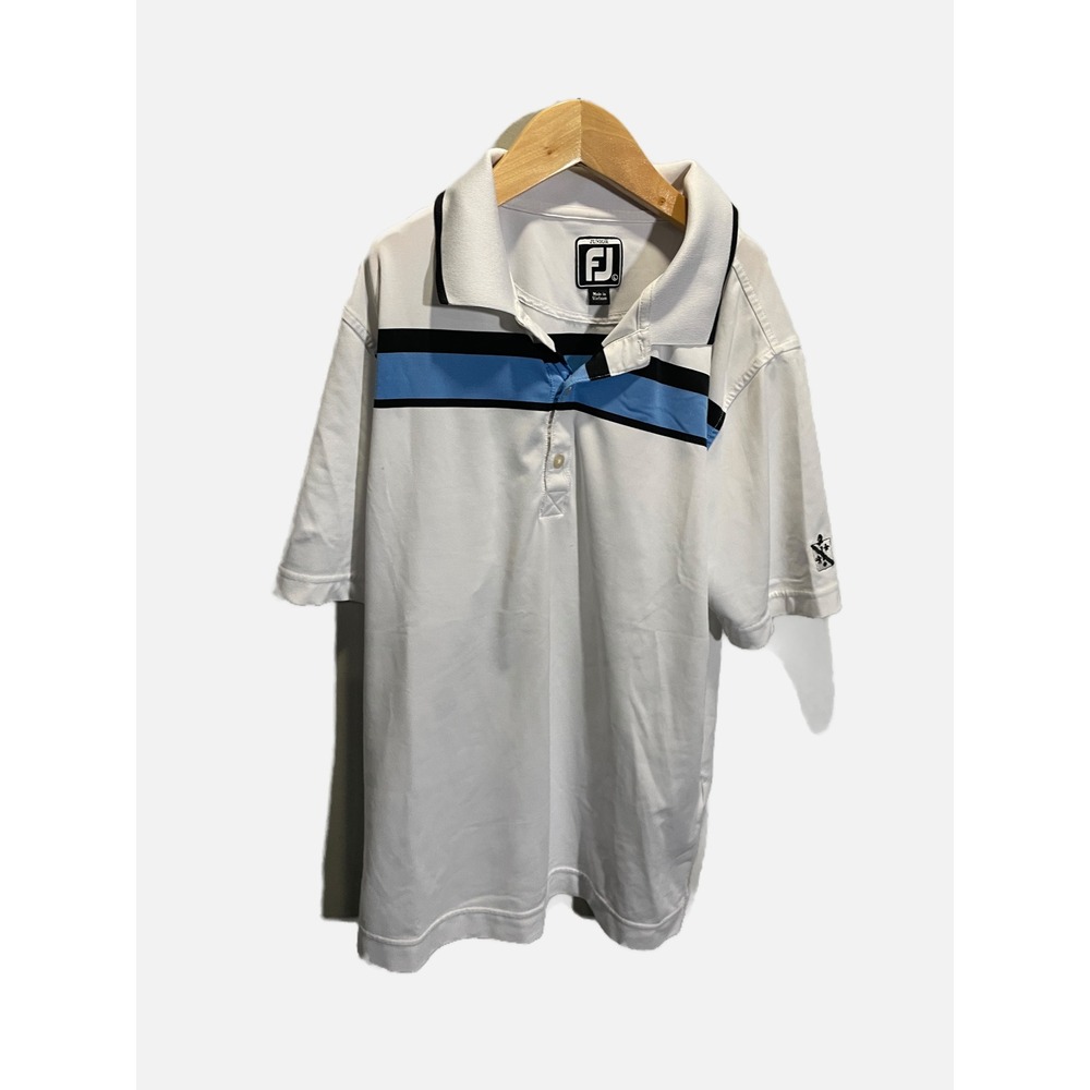 FootJoy Polo‎ Shirt Kids Large White Blue Striped Golf Performance Activewear